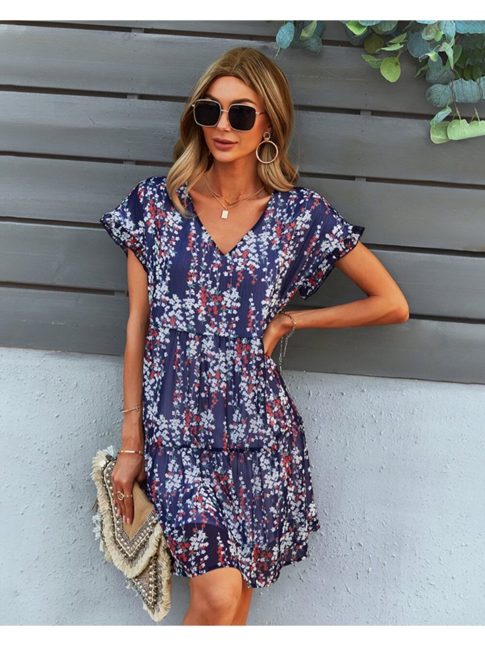 Women's Navy Floral V-Neck Flutter-Sleeve Tiered Mini Dress